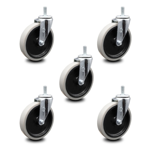 5 Inch Thermoplastic Rubber Wheel 5/16 Inch Threaded Stem Caster SCC, 5PK